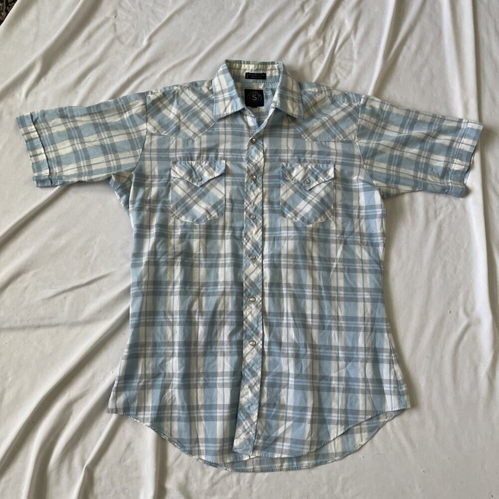 Vintage Running S Mens Short Sleeve Plaid Shirt Blue/White Western Style Snap Po